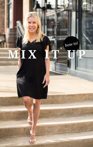 mix it up blog cover with woman in black dress and gold heels