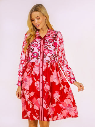 elegant bohemian hot pink floral print dress with long bishop sleeves