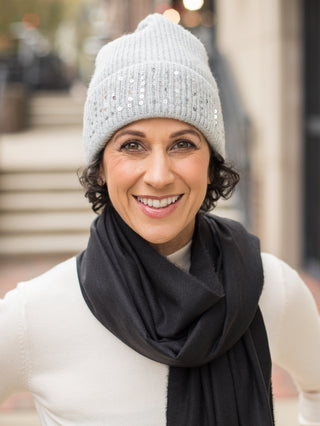 wear this gray sequined beanie this holiday season for winter wear or gift as a christmas present stocking stuffer