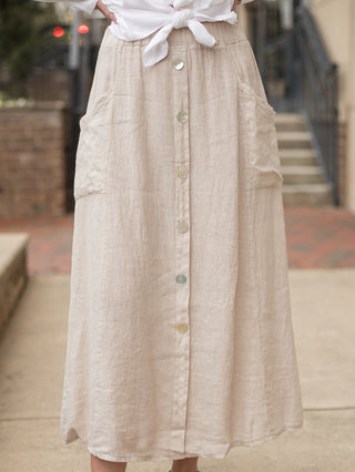 midi length khaki linen skirt with elastic waistband