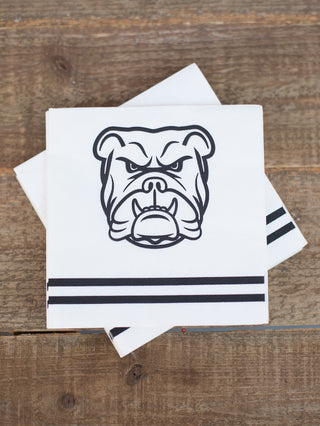 a set of white cocktail napkins with a black uga bulldog and stripes perfect for georgia dawgs fans and game day parties