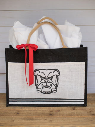 a tailgate tote with georgia bulldog ugga on the front in canvas fabric for multi use and party gifts