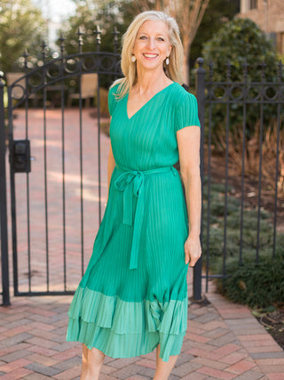 teal tiered v neck party midi dress with self strap waste