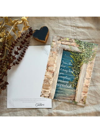 sweet inspirational card for a loved one with a blue door and greenery vines on the front