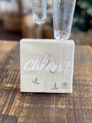decorate your home for parties with these elegant cocktail napkins with pink champage that reads cheers or give as host gift