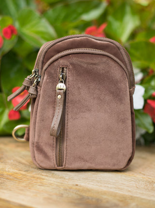 a velvet purse in mocha brown with covertible straps perfect for on the go adventures and as your everyday fall bag