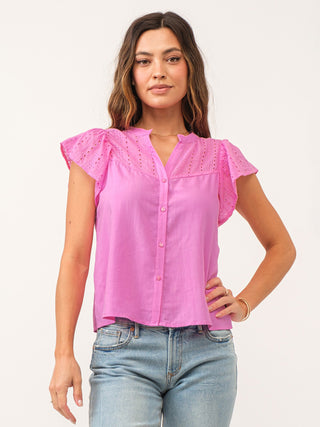 flattering pink flutter sleeve top with button down front and eyelit details