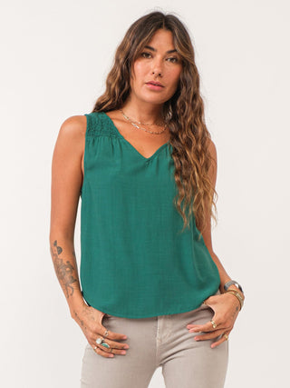 silky soft relaxed fit tank with shirred details and a vivid green color