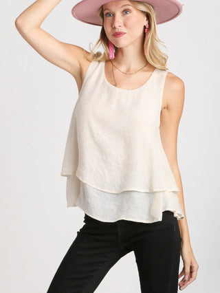 airy white layered tank top with keyhole detail at the back