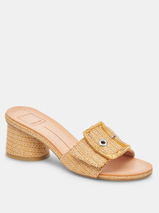 a golden tan weave slip on block heel sandal with a gold buckle on top