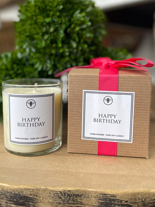 hand poured lemon zest and vanilla scented soy candle with happy birthday print
