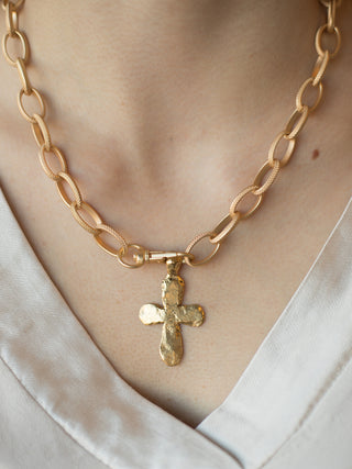wear this chunky gold cross necklace with textured details as spiritual christian jewelry or give as a gift