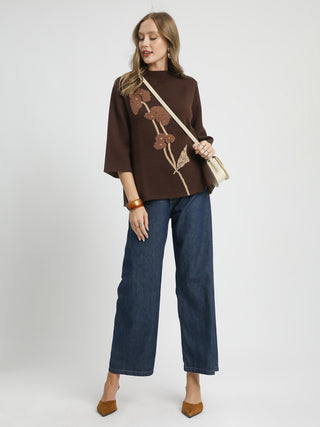 Flower Mock Neck Sweater - Brown
