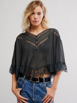 black half sleeve lace top with buttons and wide v neck