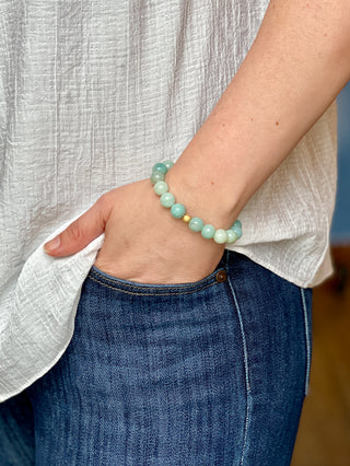handcrafted amazonite gemstone beaded elastic bracelet with gold plate accent