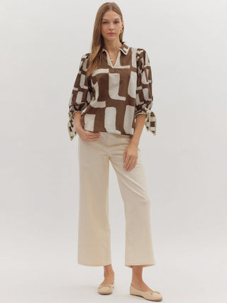 Geo Chic Tie Sleeve Top - Brown
