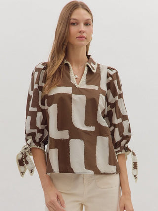 Geo Chic Tie Sleeve Top - Brown