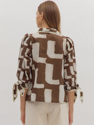 Geo Chic Tie Sleeve Top - Brown