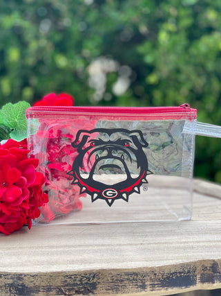 stadium approved clear bag wristlet with licensed Georgia bulldog logo and red zip closure for game day