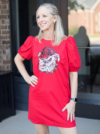 a red puff sleeve mini dress with a sequined georgia bulldog for football fan fashion and gameday tailgates