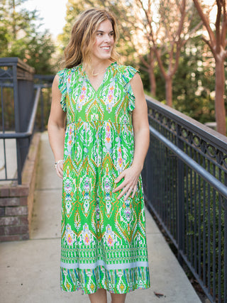 flowy bright green global inspired sleeveless midi dress