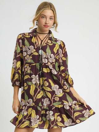 brown mini dress with floral print and half sleeves with v neck and collar