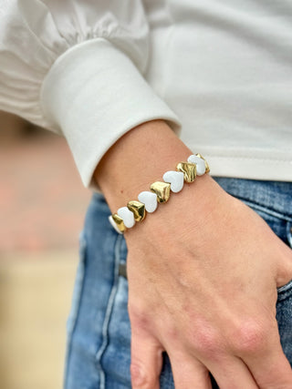 Heart Stack Stretch Bracelet - White/Gold