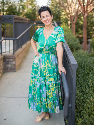v neck island green floral midi dress with short puff sleeves