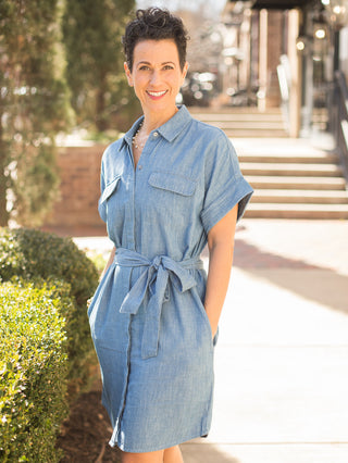 simple chambray short sleeve shirt dress with self tie belt