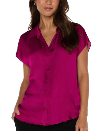 satin fuchsia collared button down date night blouse with short sleeves