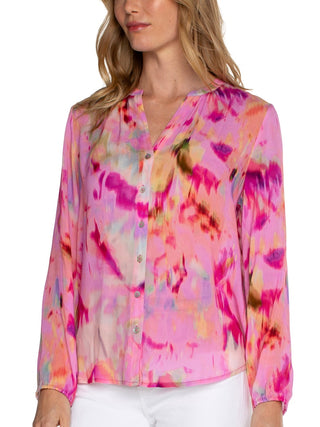 sheer pink watercolor print long sleeve shirt with front button closure