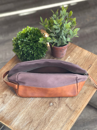 the modern man cognac faux leather travel toiletry bag made of gray canvas