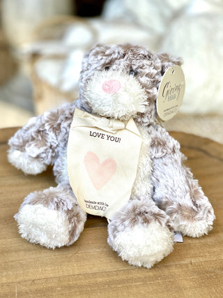 soft plush mini giving bear with a sweet pink heart and love you message on the front