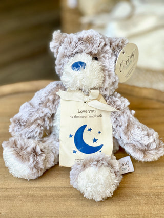 soft plush mini giving bear with a sweet blue design and love you to the moon and back message