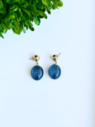 shimmer gold post back earrings with blue glistening pebble charms