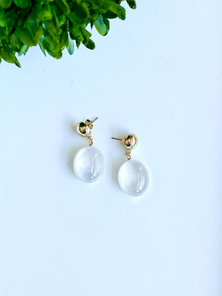shimmer gold post back earrings with white glistening pebble charms