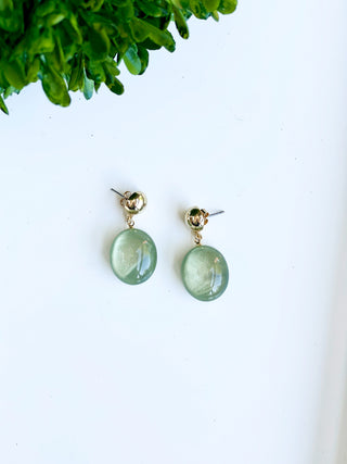 shimmer gold post back earrings with green glistening pebble charms