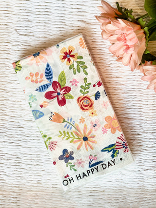 charming paper napkins with a floral design and oh happy day script