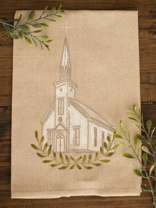 hand painted decorative linen towel with church design