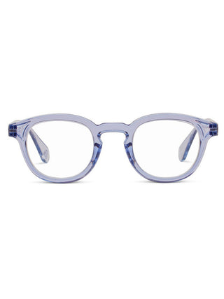 stylish translucent blue reading glasses with a chunky frame