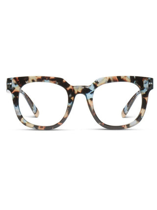 stylish chunky framed reading glasses in a blue quartz pattern