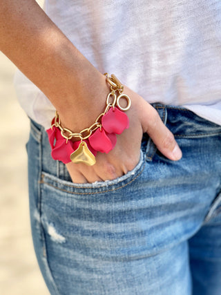 vibrant hand painted hot pink flower petal bracelet with gold accents