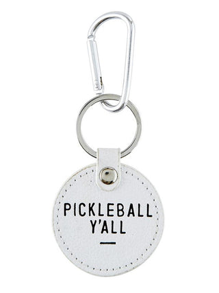 round pickleball white keychain with silver hardware