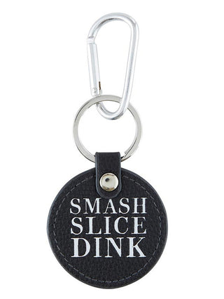 round pickleball black keychain with silver hardware