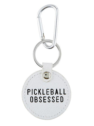round pickleball white keychain with silver hardware