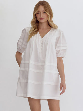 coastal vibe off white puffy sleeved mini dress with tiered design and side pockets