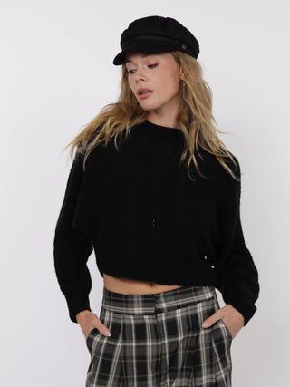 black knit long sleeve sweater with overlapped back detail