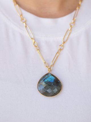 long rectangle chain necklace with large labradorite gemstone drop
