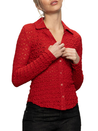 red button up textured long sleeve shirt