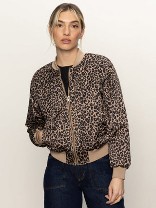 black and brown leopard print zip up bomber jacket